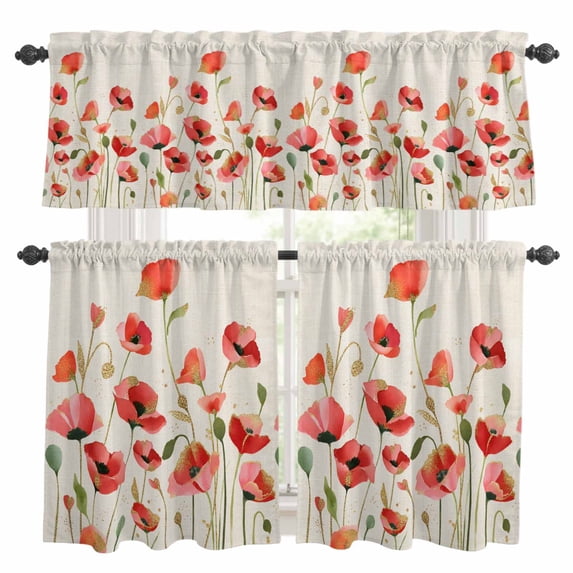 3 Piece Kitchen Curtains and Valances Set Red Poppy Cafe Curtains 24 ...