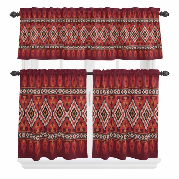 3 Piece Kitchen Curtains and Valances Set Red Retro Boho Cafe Curtains 36 Inch Length Vintage Ethnic Tribe Abstract Art Valance & Tier Curtain for Living Room Bedroom Small Window 54"x18"+27"x36"*2