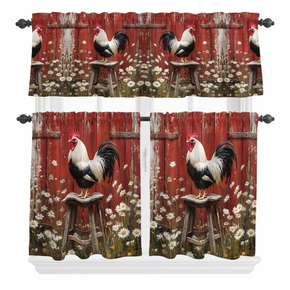 3 Piece Kitchen Curtains and Valances Set Red Rooster Cafe Curtains 24 Inch Length Farmhouse Animals Spring Floral Rustic Valance & Tier Curtain for Living Room Bedroom Small Window 54"x18"+27"x24"*2