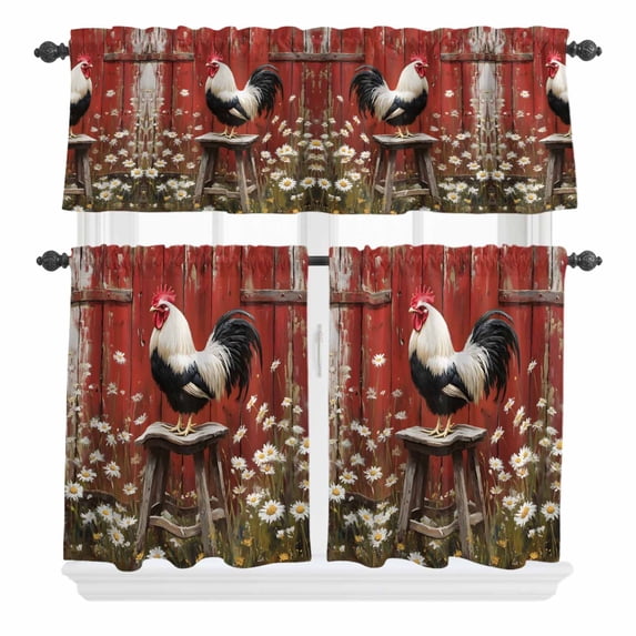 3 Piece Kitchen Curtains and Valances Set Red Rooster Cafe Curtains 36 Inch Length Farmhouse Animals Spring Floral Rustic Valance & Tier Curtain for Living Room Bedroom Small Window 54"x18"+27"x36"*2