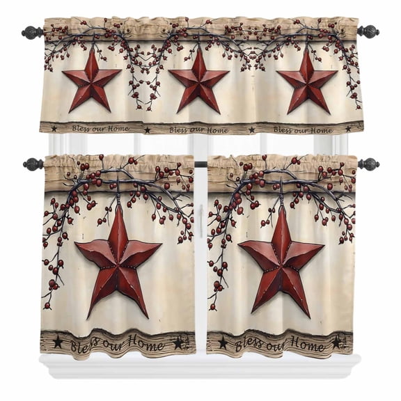 3 Piece Kitchen Curtains and Valances Set Red Texas Star Rustic Cafe Curtains 24 Inch Length Country Star Berries Wooden Valance & Tier Curtain for Living Room Bedroom Small Window 54"x18"+27"x24"*2