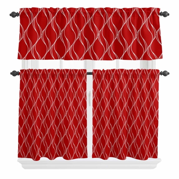 3 Piece Kitchen Curtains and Valances Set Red White Stripes Cafe Curtains 24 Inch Length Simple Geometric Modern Monochrome Valance & Tier Curtain for Living Room Bedroom Window 54"x18"+27"x24"*2
