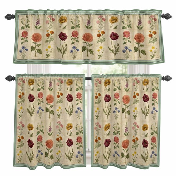 3 Piece Kitchen Curtains and Valances Set Retro Pastoral Floral Cafe Curtains 36 Inch Length Boho Wildflower Botanical Rose Daisy Valance & Tier Curtain for Living Room Bedroom 54"x18"+27"x36"*2