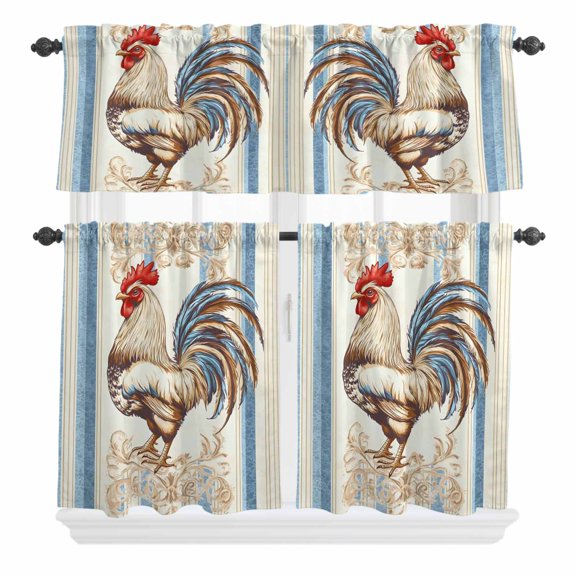 3 Piece Kitchen Curtains and Valances Set Retro Rooster Cafe Curtains 24 Inch Length Farmhouse Striped Watercolor Animals Valance & Tier Curtain for Living Room Bedroom Small Window 54"x18"+27"x24"*2