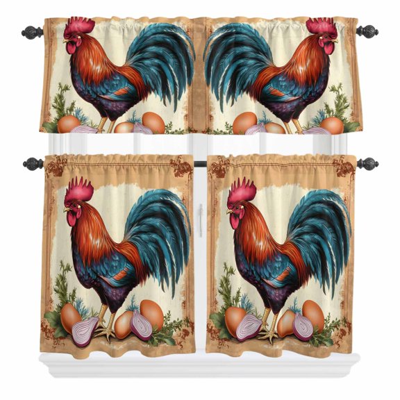 3 Piece Kitchen Curtains and Valances Set Retro Rooster Cafe Curtains 24 Inch Length Farmhouse Vintage Summer Botanical Valance & Tier Curtain for Living Room Bedroom Small Window 54"x18"+27"x24"*2