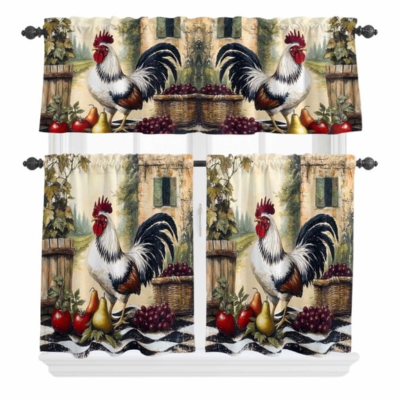 3 Piece Kitchen Curtains and Valances Set Retro Rooster Cafe Curtains 24 Inch Length Pastoral Animals Plaid Valance & Tier Curtain for Living Room Bedroom Small Window 54"x18"+27"x24"*2