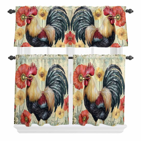 3 Piece Kitchen Curtains and Valances Set Retro Rooster Cafe Curtains 24 Inch Length Spring Floral Watercolor Farmhouse Animals Valance & Tier Curtain for Living Room Bedroom Window 54"x18"+27"x24"*2