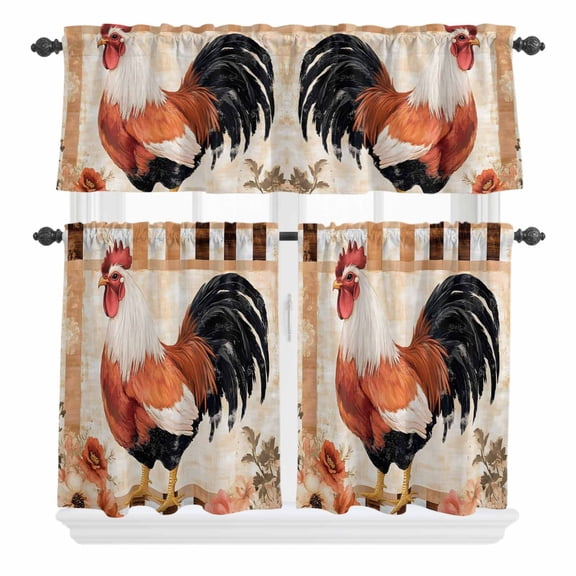 3 Piece Kitchen Curtains and Valances Set Retro Rooster Cafe Curtains 24 Inch Length Spring Flower Elegant Animals Valance & Tier Curtain for Living Room Bedroom Small Window 54"x18"+27"x24"*2