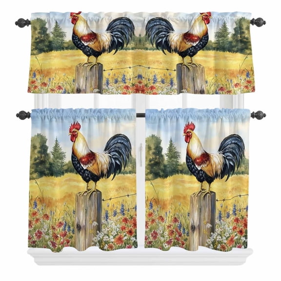 3 Piece Kitchen Curtains and Valances Set Retro Rooster Cafe Curtains 24 Inch Length Spring Flowers Watercolor Animals Valance & Tier Curtain for Living Room Bedroom Small Window 54"x18"+27"x24"*2