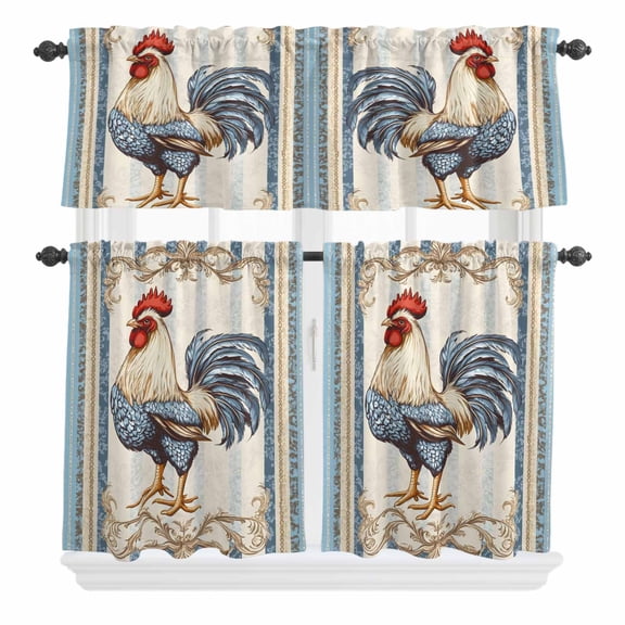 3 Piece Kitchen Curtains and Valances Set Retro Rooster Cafe Curtains 24 Inch Length Striped Farmhouse Watercolor Animals Valance & Tier Curtain for Living Room Bedroom Small Window 54"x18"+27"x24"*2