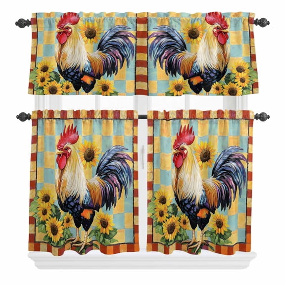 3 Piece Kitchen Curtains and Valances Set Retro Rooster Cafe Curtains 24 Inch Length Sunflower Animals Farmhouse Plaid Valance & Tier Curtain for Living Room Bedroom Small Window 54"x18"+27"x24"*2