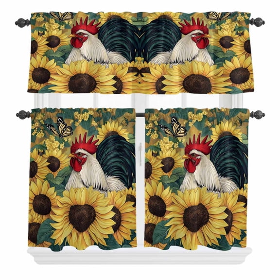 3 Piece Kitchen Curtains and Valances Set Retro Rooster Cafe Curtains 24 Inch Length Sunflower Farmhouse Animals Watercolor Valance & Tier Curtain for Living Room Bedroom Window 54"x18"+27"x24"*2