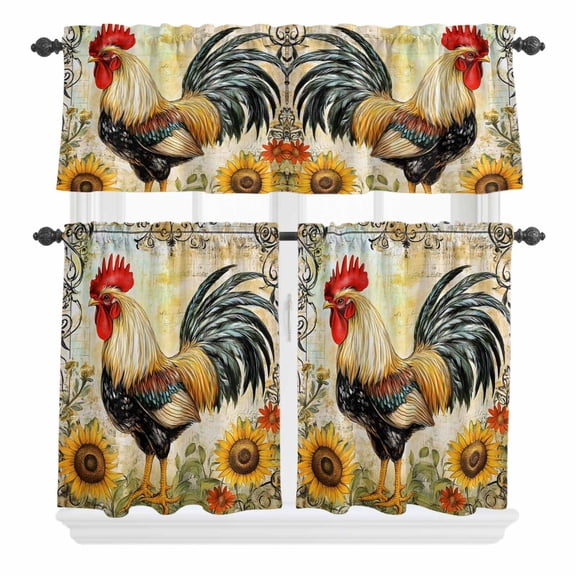 3 Piece Kitchen Curtains and Valances Set Retro Rooster Cafe Curtains 24 Inch Length Sunflower Watercolor Farmhouse Animals Valance & Tier Curtain for Living Room Bedroom Window 54"x18"+27"x24"*2