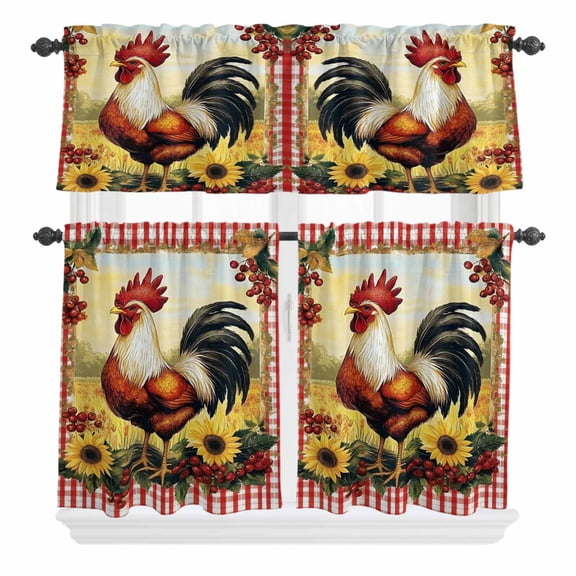 3 Piece Kitchen Curtains and Valances Set Retro Rooster Cafe Curtains 24 Inch Length Yellow Sunflower Red Buffalo Farmhouse Valance & Tier Curtain for Living Room Bedroom Window 54"x18"+27"x24"*2