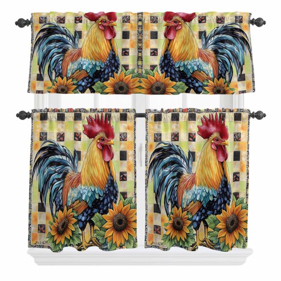 3 Piece Kitchen Curtains and Valances Set Retro Rooster Cafe Curtains 24 Inch Length Yellow Sunflower Watercolor Animals Plaid Valance & Tier Curtain for Living Room Bedroom Window 54"x18"+27"x24"*2