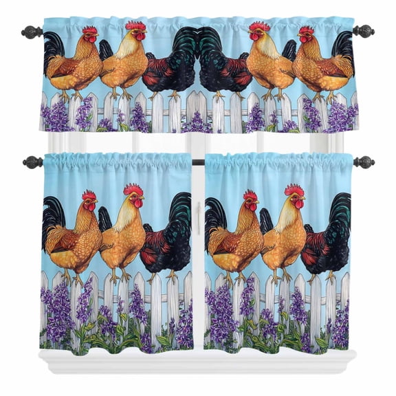 3 Piece Kitchen Curtains and Valances Set Retro Rooster Cafe Curtains 36 Inch Length Spring Floral Farmhouse Animals Valance & Tier Curtain for Living Room Bedroom Small Window 54"x18"+27"x36"*2