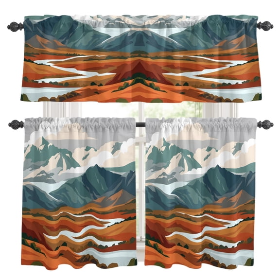 3 Piece Kitchen Curtains and Valances Set River Valley Cafe Curtains 24 Inch Length Autumn Mountains Western Orange Olive Park Valance & Tier Curtain for Living Room Bedroom Window 54"x18"+27"x24"*2