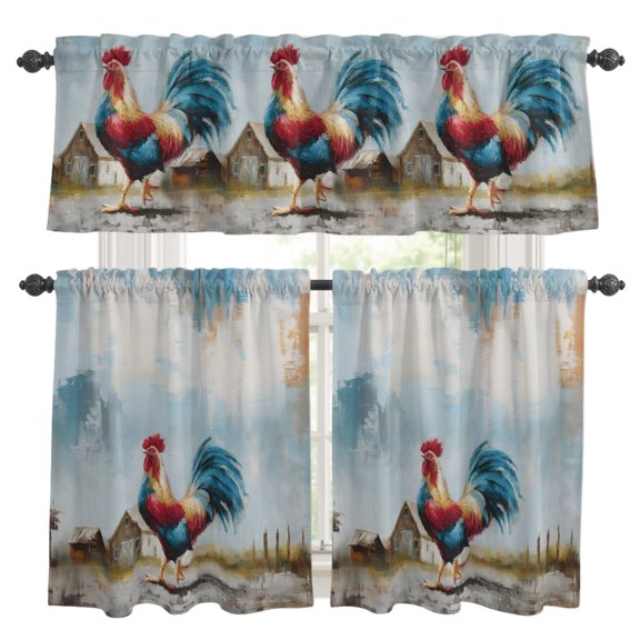 3 Piece Kitchen Curtains and Valances Set Rooster Cafe Curtains 24 Inch Length Modern Oil Painting Farmhouse Art Valance & Tier Curtain for Living Room Bedroom Small Window 54"x18"+27"x24"*2