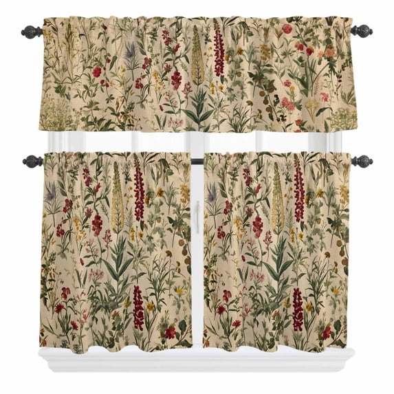 3 Piece Kitchen Curtains and Valances Set Rustic Botanical Cafe Curtains 24 Inch Length Vintage Floral Wildflower Valance & Tier Curtain for Living Room Bedroom Small Window 54"x18"+27"x24"*2