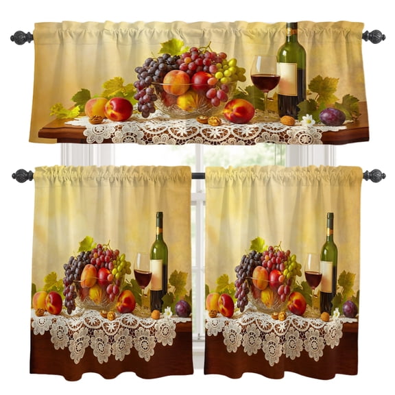 3 Piece Kitchen Curtains and Valances Set Rustic Grape Peach Cafe Curtains 24 Inch Length Realistic Fruits Apples Wine Valance & Tier Curtain for Living Room Bedroom Small Window 54"x18"+27"x24"*2