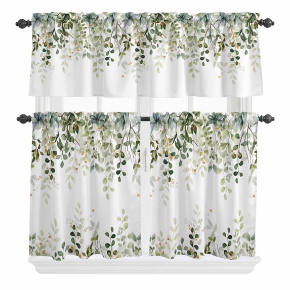 3 Piece Kitchen Curtains and Valances Set Sage Green Eucalyptus Leaves Cafe Curtains 36 Inch Length Spring Botanical Floral Valance & Tier Curtain for Living Room Bedroom Window 54"x18"+27"x36"*2