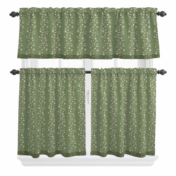 3 Piece Kitchen Curtains and Valances Set Sage Green Floral Cafe Curtains 24 Inch Length Spring Flowers Valance & Tier Curtain for Living Room Bedroom Small Window 54"x18"+27"x24"*2