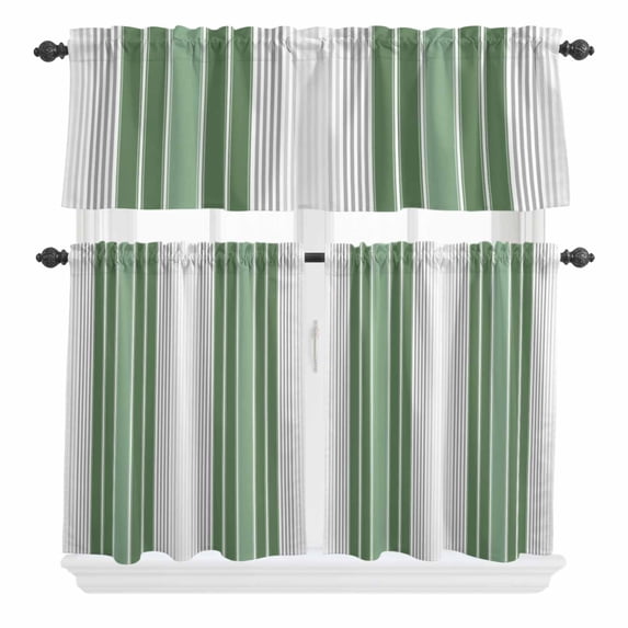 3 Piece Kitchen Curtains and Valances Set Sage Green Grey Stripe Cafe Curtains 24 Inch Length Farmhouse Simple Striped Valance & Tier Curtain for Living Room Bedroom Small Window 54"x18"+27"x24"*2