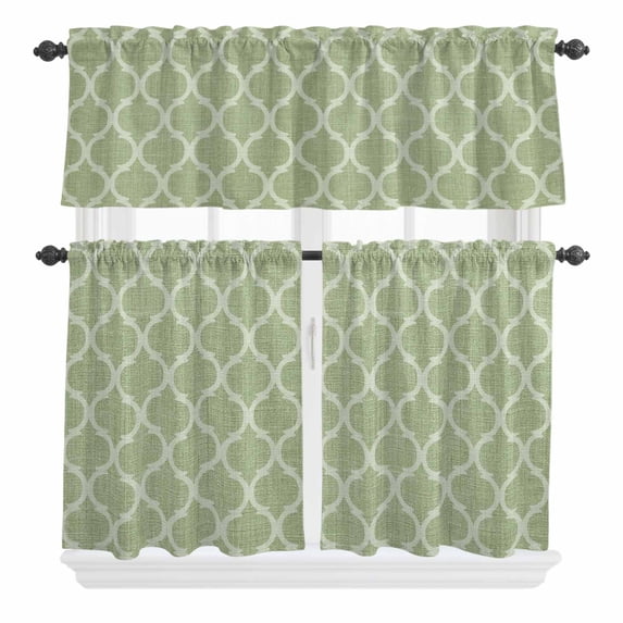 3 Piece Kitchen Curtains and Valances Set Sage Green Moroccan Cafe Curtains 36 Inch Length Boho Ethnic Chic Abstract Geometric Valance & Tier Curtain for Living Room Bedroom Window 54"x18"+27"x36"*2