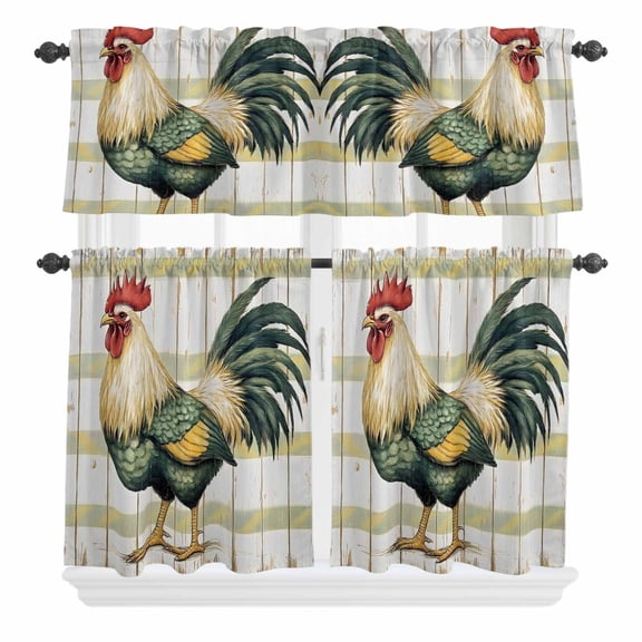 3 Piece Kitchen Curtains and Valances Set Sage Green Rooster Cafe Curtains 24 Inch Length Vintage Animals Wooden Watercolor Valance & Tier Curtain for Living Room Bedroom Window 54"x18"+27"x24"*2