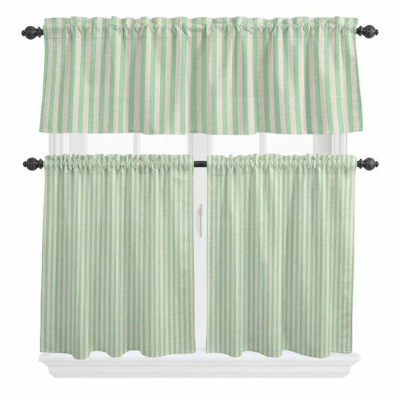 3 Piece Kitchen Curtains and Valances Set Sage Green Striped Cafe Curtains 24 Inch Length Modern Simple Farmhouse Beige Valance & Tier Curtain for Living Room Bedroom Small Window 54"x18"+27"x24"*2