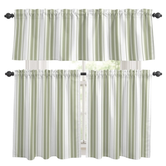 3 Piece Kitchen Curtains and Valances Set Sage Green Striped Cafe Curtains 24 Inch Length Modern Thin Line Vertical Stripes Valance & Tier Curtain for Living Room Bedroom Window 54"x18"+27"x24"*2