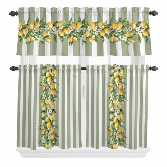 3 Piece Kitchen Curtains and Valances Set Sage Green Stripes Cafe Curtains 36 Inch Length Summer Spring Botanical Lemon Leaves Valance & Tier Curtain for Living Room Bedroom Window 54"x18"+27"x36"*2