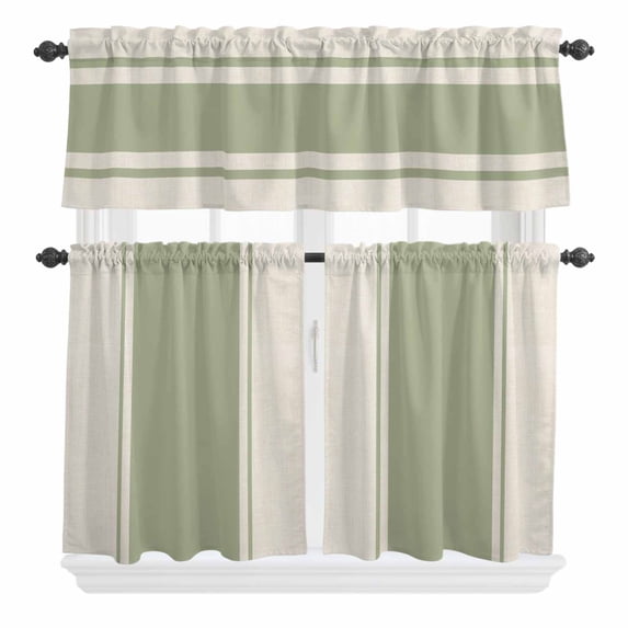 3 Piece Kitchen Curtains and Valances Set Sage Green Vintage Cafe Curtains 36 Inch Length Geometric Stripes Simple Lines Valance & Tier Curtain for Living Room Bedroom Small Window 54"x18"+27"x36"*2