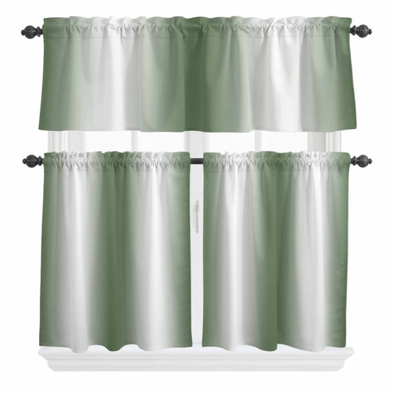 3 Piece Kitchen Curtains and Valances Set Sage Green White Ombre Cafe Curtains 24 Inch Length Minimalist Gradient Farmhouse Valance & Tier Curtain for Living Room Bedroom Window 54"x18"+27"x24"*2