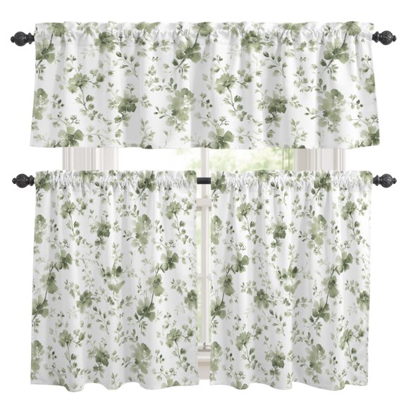 3 Piece Kitchen Curtains and Valances Set Sage Green Wildflower Cafe Curtains 24 Inch Length Classic Florals Farmhouse Botanical Valance & Tier Curtain for Living Room Bedroom 54"x18"+27"x24"*2