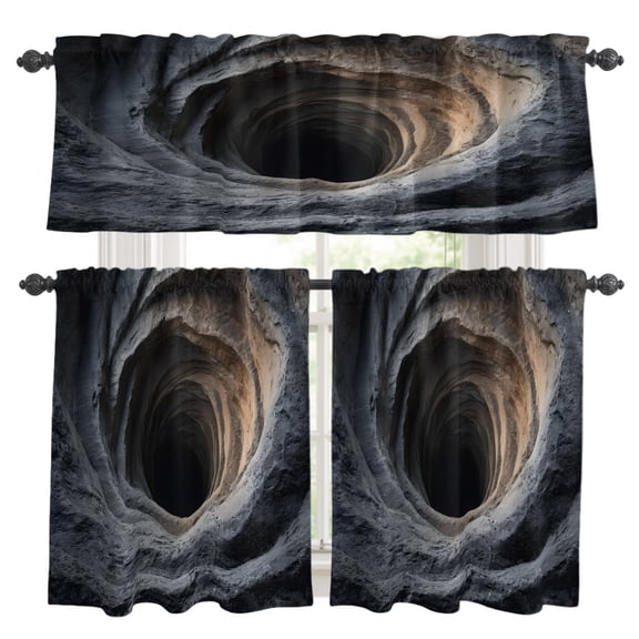 3 Piece Kitchen Curtains and Valances Set Sand Hole Cafe Curtains 24 Inch Length Gray Nature Circular Depression Valance & Tier Curtain for Living Room Bedroom Small Window 54"x18"+27"x24"*2