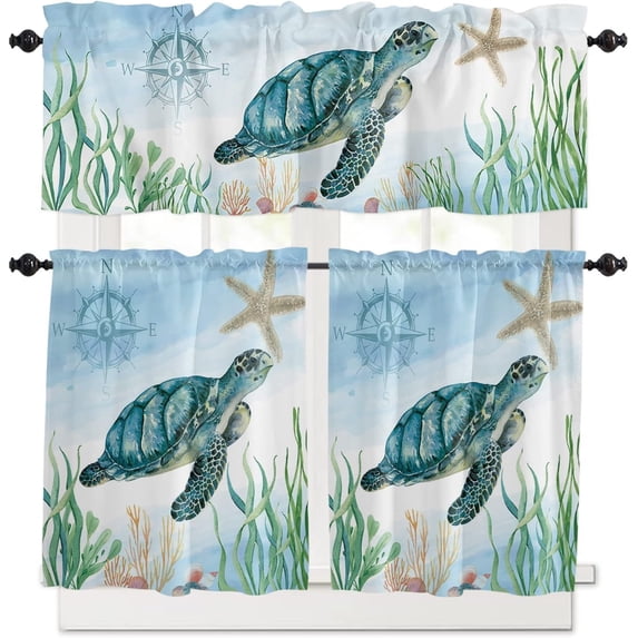 3-Piece Kitchen Curtains and Valances Set Sea Turles Starfish Rod Pocket Soft Kitchen Curtain Set Washable Kitchen Window Curtains Set Ocean Seaweed Blue