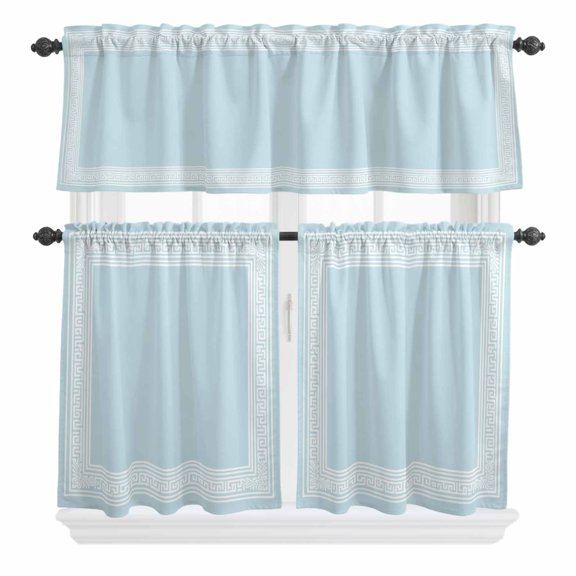 3 Piece Kitchen Curtains and Valances Set Sky Blue Greek Key Cafe Curtains 24 Inch Length Geometric Greece Ancient Farmhouse Geo Valance & Tier Curtain for Living Room Bedroom 54"x18"+27"x24"*2