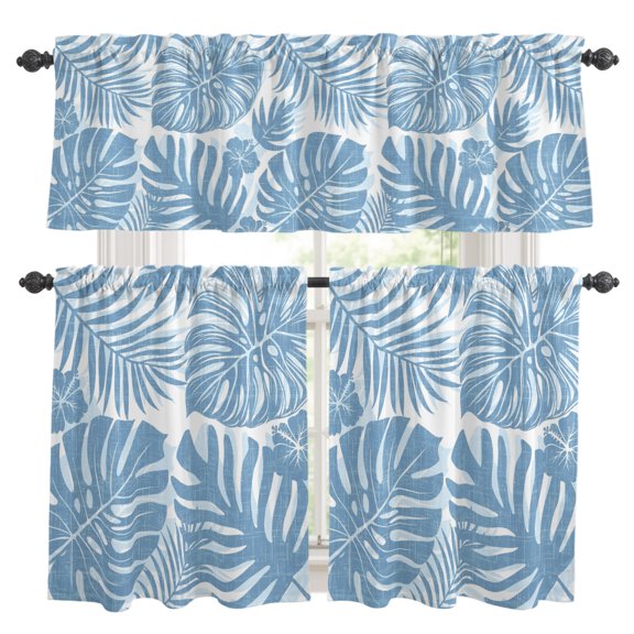 3 Piece Kitchen Curtains and Valances Set Slate Blue Monstera Cafe Curtains 24 Inch Length Palm Tree Leaf Boho Botanical Tropical Valance & Tier Curtain for Living Room Bedroom 54"x18"+27"x24"*2