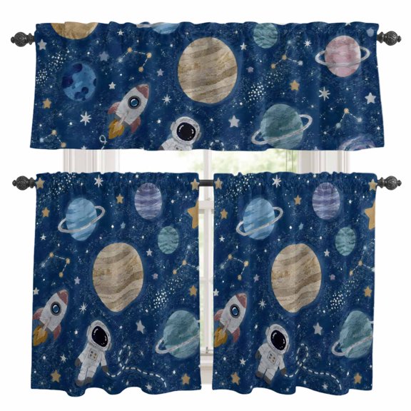 3 Piece Kitchen Curtains and Valances Set Solar System Universe Cafe Curtains 24 Inch Length Galaxy Outer Space Navy Blue Valance & Tier Curtain for Living Room Bedroom Small Window 54"x18"+27"x24"*2