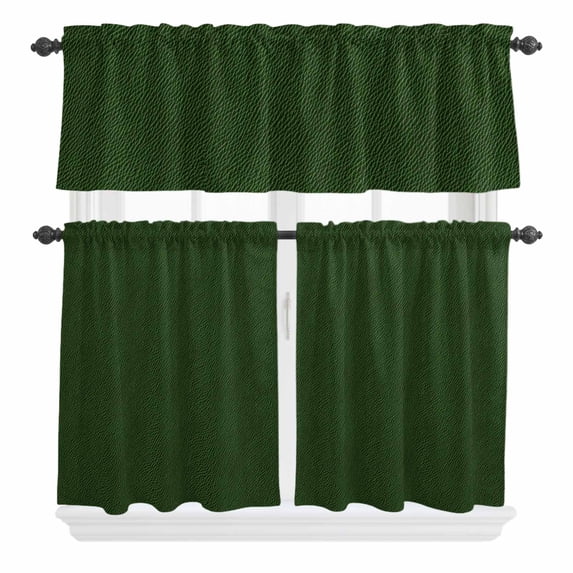 3 Piece Kitchen Curtains and Valances Set Solid Dark Green Cafe Curtains 24 Inch Length Retro Minimalism Abstract Denim Texture Valance & Tier Curtain for Living Room Bedroom Window 54"x18"+27"x24"*2