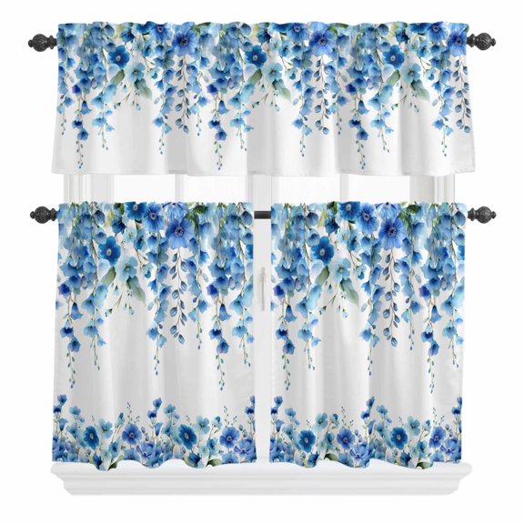 3 Piece Kitchen Curtains and Valances Set Spring Blue Floral Cafe Curtains 24 Inch Length Farmhouse Weeping Floral Leaves Valance & Tier Curtain for Living Room Bedroom Small Window 54"x18"+27"x24"*2