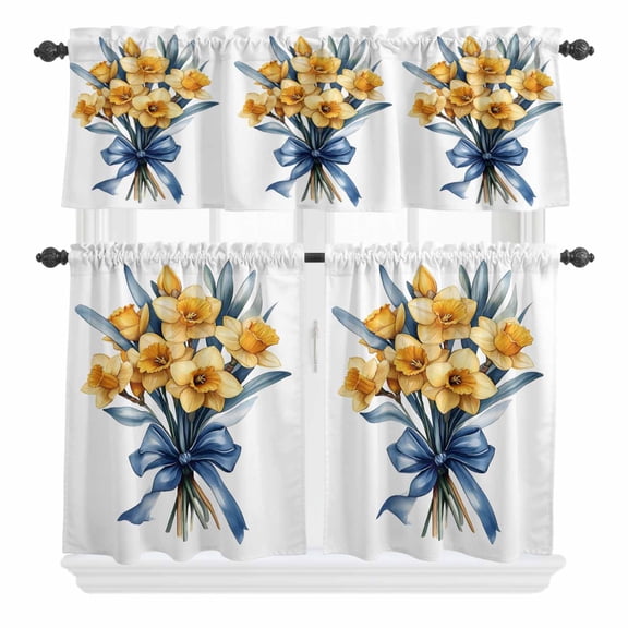 3 Piece Kitchen Curtains and Valances Set Spring Botanical Cafe Curtains 24 Inch Length Yellow Verdant Flower Patterns Valance & Tier Curtain for Living Room Bedroom Small Window 54"x18"+27"x24"*2