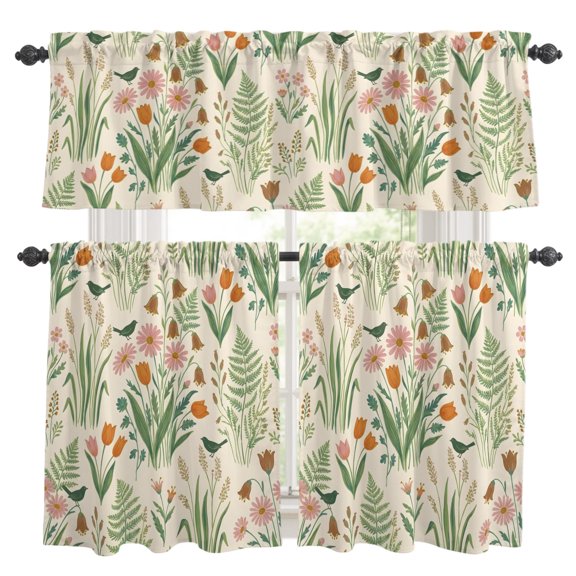 3 Piece Kitchen Curtains and Valances Set Spring Botanical Cafe Curtains 36 Inch Length Country Farmhouse Wildflower Watercolor Valance & Tier Curtain for Living Room Bedroom Window 54"x18"+27"x36"*2