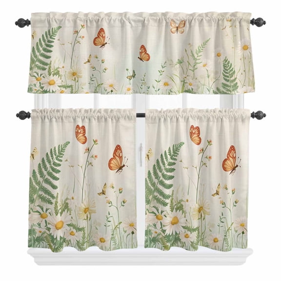 3 Piece Kitchen Curtains and Valances Set Spring Daisy Cafe Curtains 24 Inch Length Botanical Wildflowers Butterfly Floral Valance & Tier Curtain for Living Room Bedroom Window 54"x18"+27"x24"*2