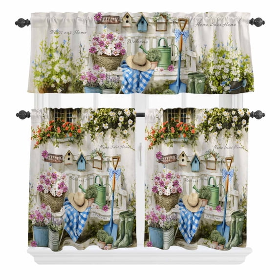 3 Piece Kitchen Curtains and Valances Set Spring Daisy Cafe Curtains 24 Inch Length Flowers Farmhouse Leaves Floral Pots Countryside Valance & Tier Curtain for Living Room Bedroom 54"x18"+27"x24"*2