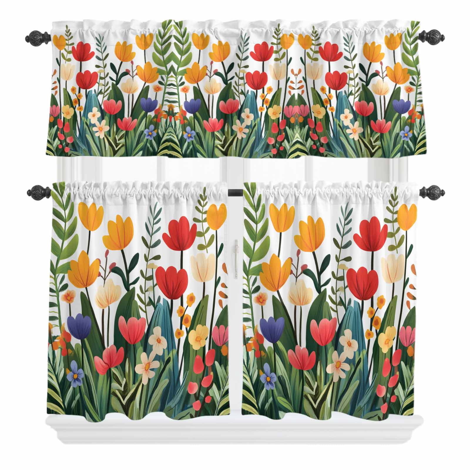 3 Piece Kitchen Curtains and Valances Set Spring Floral Cafe Curtains