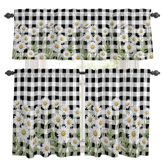3 Piece Kitchen Curtains and Valances Set Spring Floral Cafe Curtains 24 Inch Length Daisy Summer Botanical Wildflower Black Plaid Valance & Tier Curtain for Living Room Bedroom 54"x18"+27"x24"*2