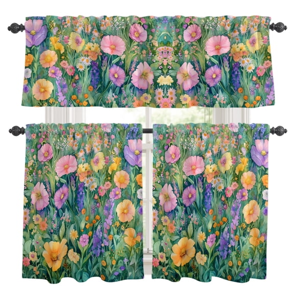 3 Piece Kitchen Curtains and Valances Set Spring Floral Cafe Curtains 24 Inch Length Pink Poppies Wildflowers Green Meadow Valance & Tier Curtain for Living Room Bedroom Window 54"x18"+27"x24"*2