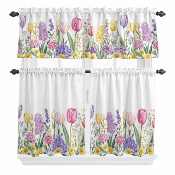 3 Piece Kitchen Curtains and Valances Set Spring Floral Cafe Curtains 24 Inch Length Summer Botanical Pink Wildflower Valance & Tier Curtain for Living Room Bedroom Small Window 54"x18"+27"x24"*2